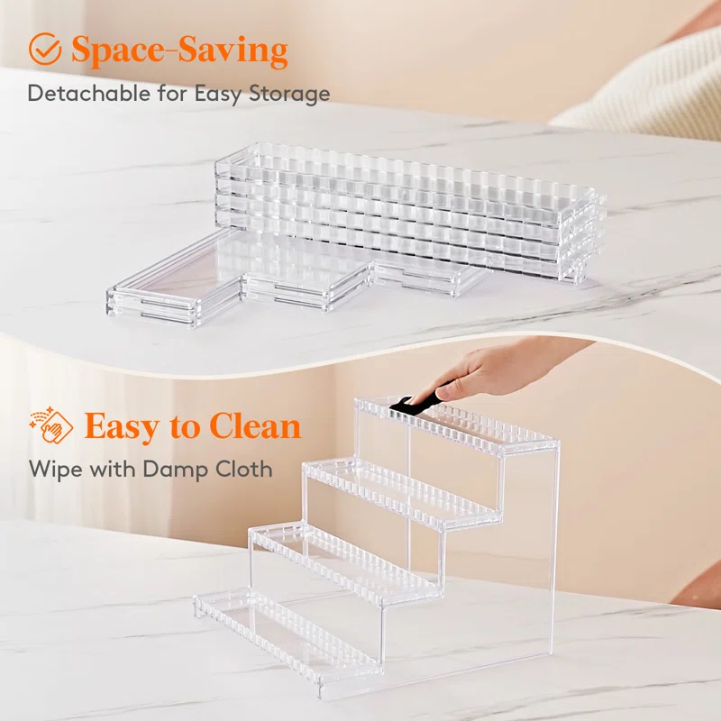 Lifewit 4 Tier Clear Display Risers Stand With Decorative Fences, Plastic 12 Inch Perfume Organizer, Display For Figures, Cupcake, Dessert, Desktop Stand For Organization And Decor, 1 Pack