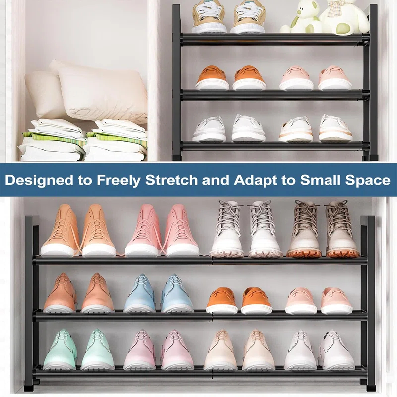 3-Tier Expandable Shoe Rack for Closet, 18''-33''Adjustable Shoe Rack for Small Space,Shoe Organizer