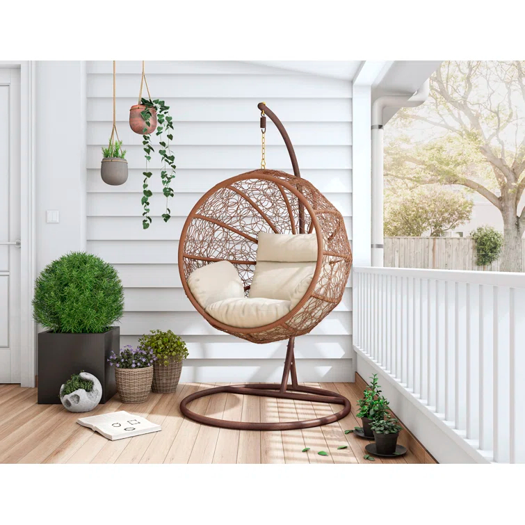 Manhattan Comfort Kamberlyn Swing Chair with Polyester Cushions and Metal Stand in Saddle Brown and Cream