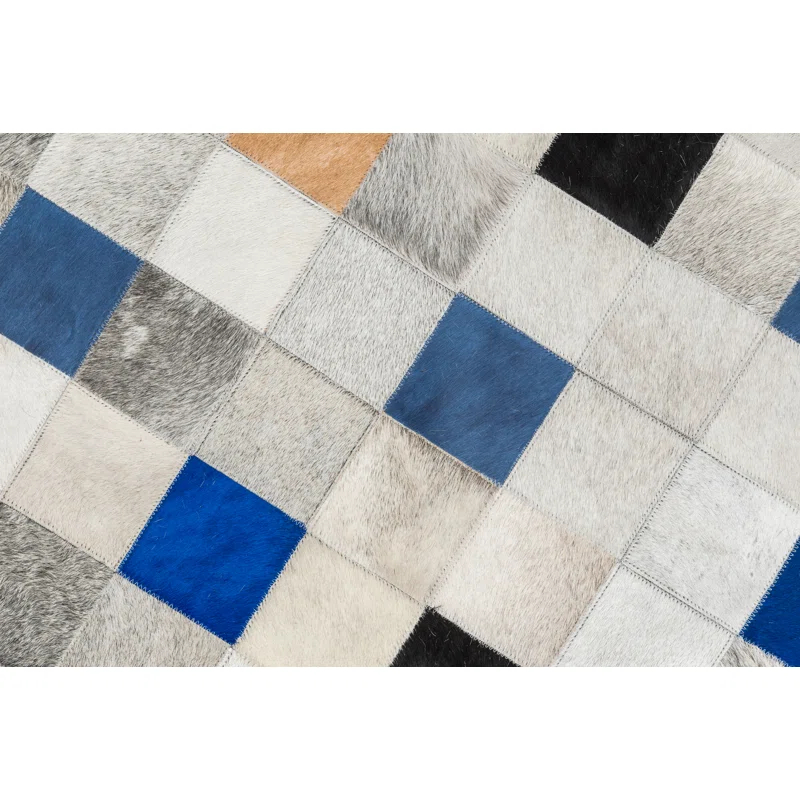 Art Hide Falling Squares Rectangle 5'2" x 6'6" Cowhide Argyle Area Rug in Blue/Gray/White/Brown