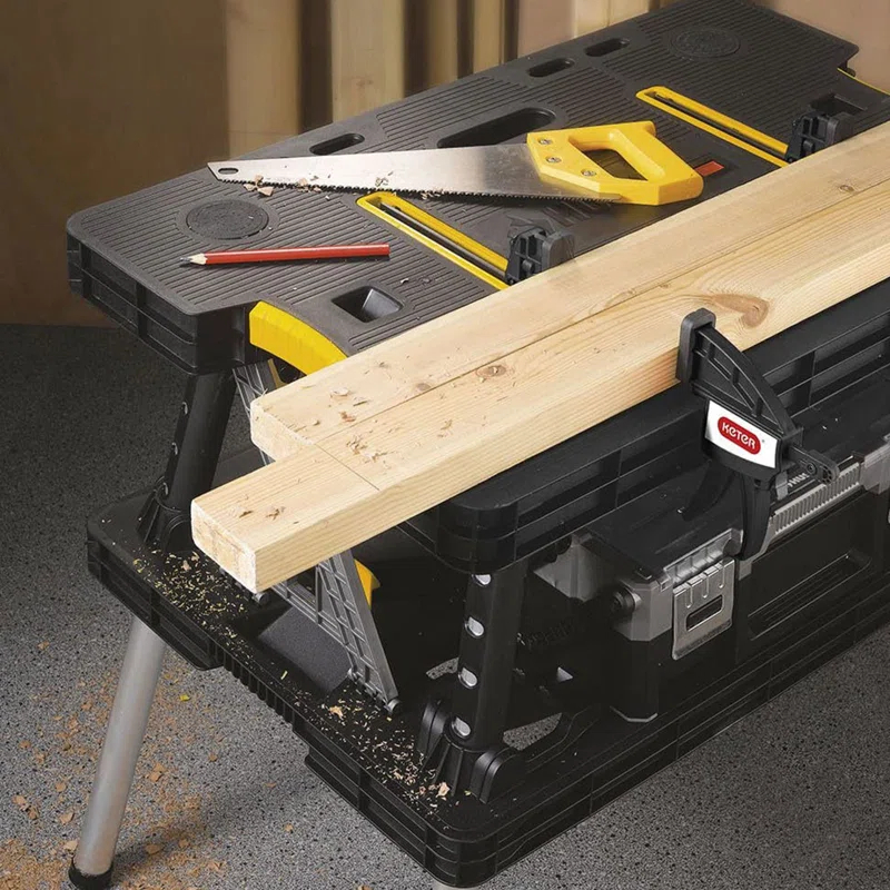 Keter Folding Portable Workbench Sawhorse with (2) 12" Clamps, Black and Yellow