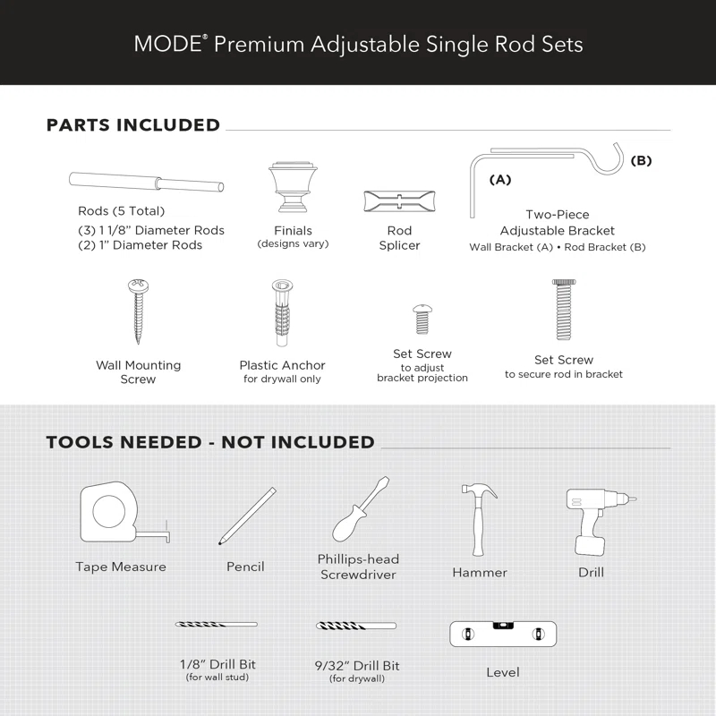 Mode Premium Collection 1 1/8 in Diameter Curtain Rod, Cylinder Finials and Steel Wall Mounted Adjustable Rod
