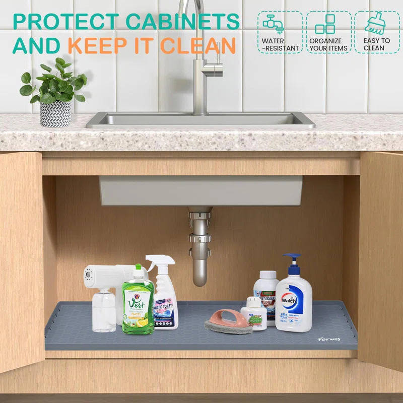 Under Sink Mat, 34" X 22" Silicone Mats For Kitchen Waterproof, Under Sink Cabinet Organizers And Storage, Sink And Cabinet Protector, Under Sink Tray For Bathroom (Grey)
