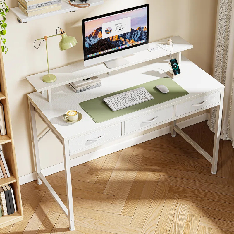 Computer Desk With 3 Drawers, Office Desk Gaming Desk With LED Lights & Power Outlets, Home Office Desks With Storage Space For Bedroom, Work From Home, (47 Inch )