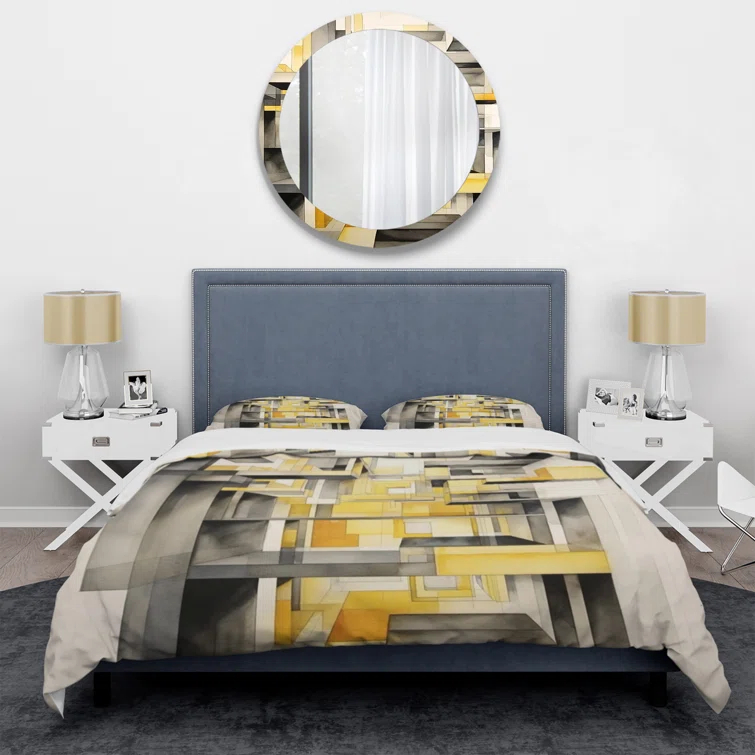Design Art Yellow and Grey Intersecting Realities II BeddingMicrofiber / Polyester Duvet Cover Set