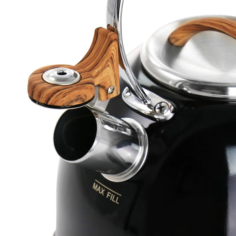Mr. Coffee 2 Quart Stainless Steel Whistling Tea Kettle With Wood Pattern Handle In Black