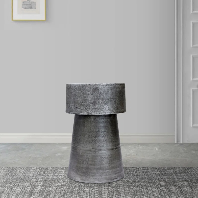 17 Stories Vintage Accent Side Table, 15.5 Inch Round, Antique Silver Cast Aluminum Drum Base