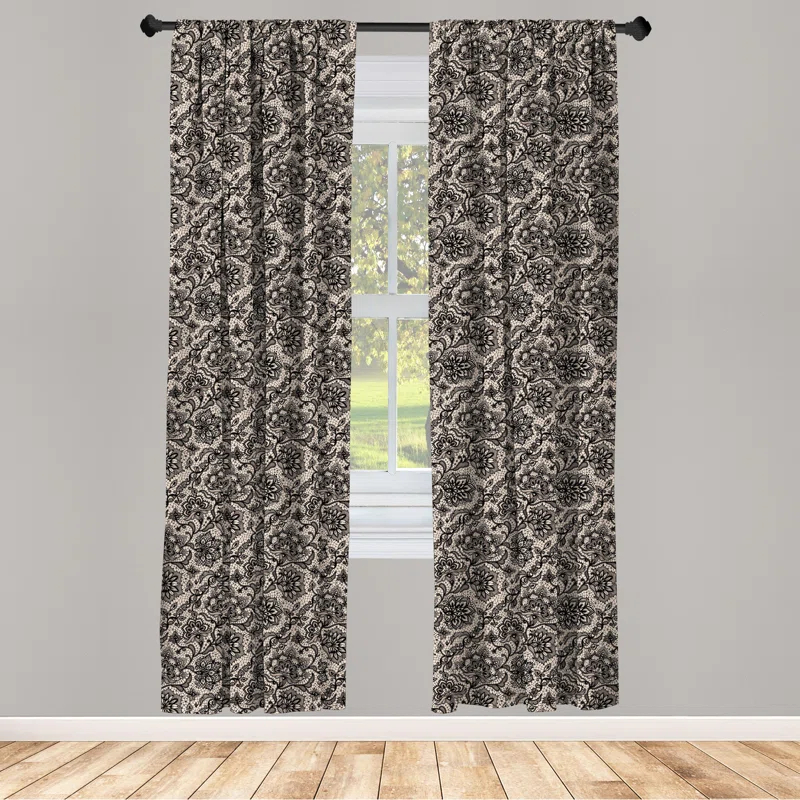 Ambesonne Ambesonne Gothic 2 Panel Curtain Set, Abstract Graphic Lace Pattern With Flowers Butterflies Old Fashioned Nature Inspired, Lightweight Window Treatment Living Room Bedroom Decor, 56" X 63", Tan Black (Set of 2)