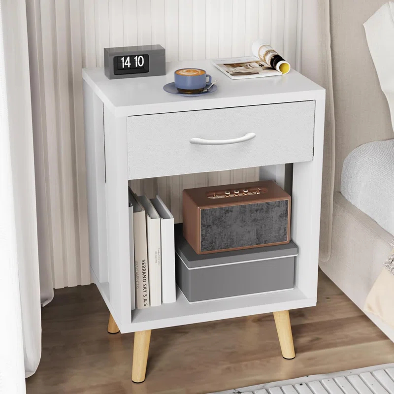 17 Stories Nightstands Set Of 2 With Fabric Storage Drawer And Open Wood Shelf, Side Table With Storage For Bedroom, Bedside Tables - 23.7" H