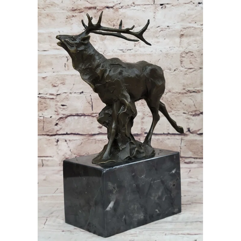 Loon Peak® Abdijabar Signed Original Male Elk Mountain Deer Caribou Hunter Bronze Sculpture Art Decor