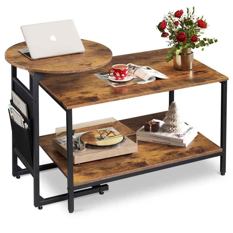 17 Stories Coffee Table, 31.3" And 18.7" Small Coffee Tables For Living Room, Modern Center Table And Side Table Set With Storage Side Pouch For Bedroom, Apartment, Rustic Brown