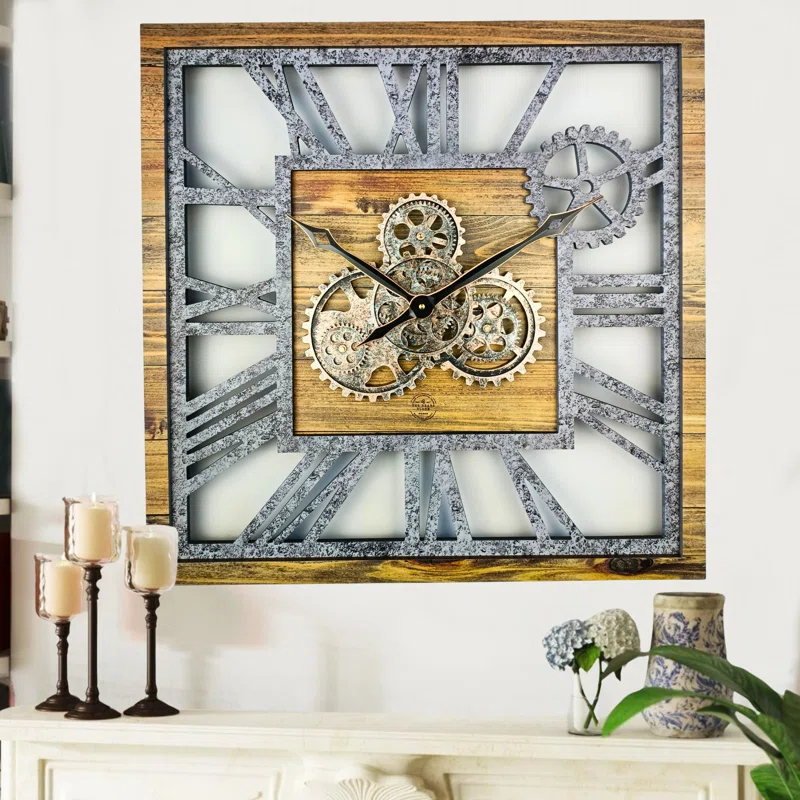 Wall Clock 24" Square Oversized for Living Room decor with Real Moving Gears America Collection