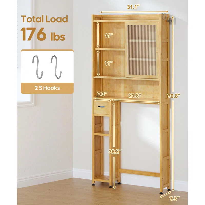 Latitude Run® Over The Toilet Storage Cabinet With Acrylic Door Panel And Paper Towel Drawer, Bamboo Space Saver Shelf, Bathroom Organizer Rack