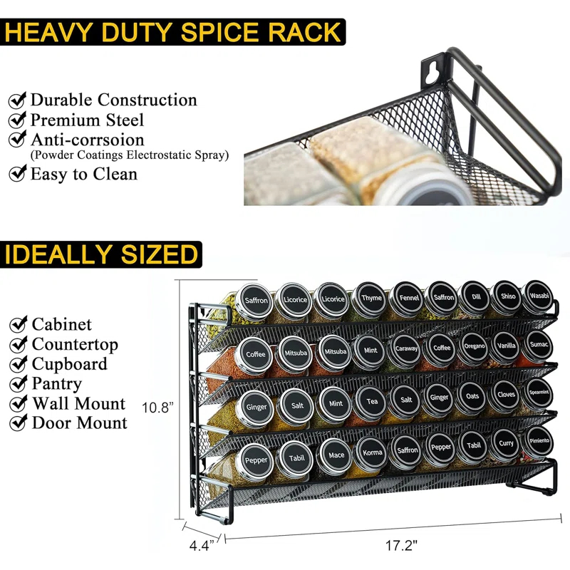 Mint Pantry® Spice Rack Organizer with 36 Spice Jars, 386 Spice Labels, Chalk Marker and Funnel Set for Cabinet, Countertop, Pantry, Cupboard or Door & Wall Mount - 36 Jars, 17.2" W × 10.8" H, Black | Wayfair