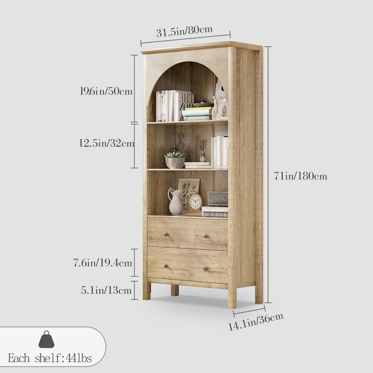 Gracie Oaks Arched Bookcase, Oak Arched Cabinet With Drawers, 71" Tall China Curio Cabinet, Display Cases For Collectibles, Vintage Bookshelf