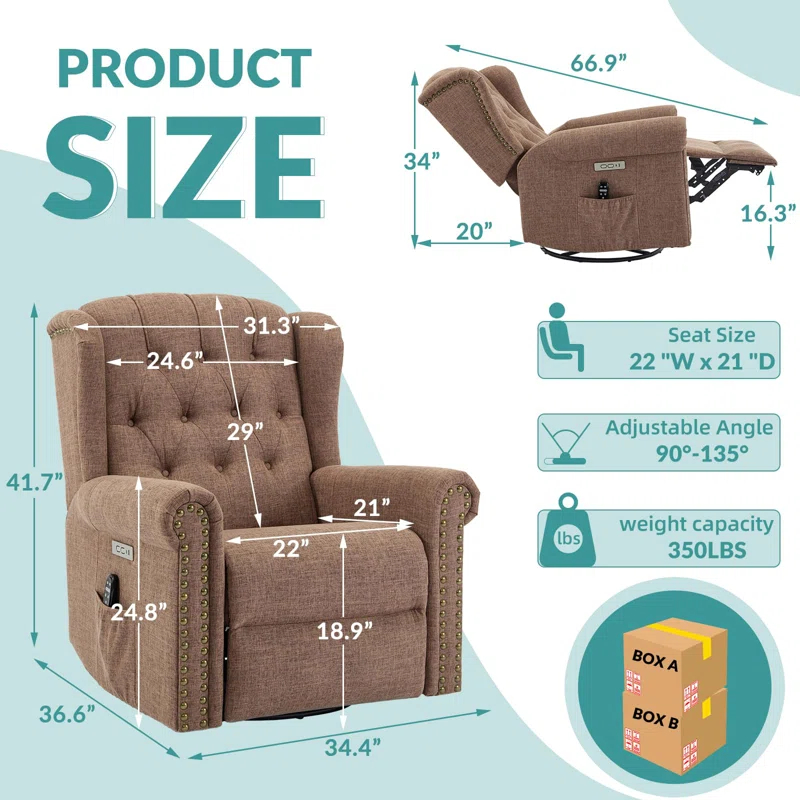 MEETWARM Meetwarm Power Swivel Rocking Glider Recliner Chair With Heat And Vibration, Electric Rocker Nursery Reclining Chair, Wingback Tufted Upholstered Recliner For Living Room, Type-C & Usb Ports