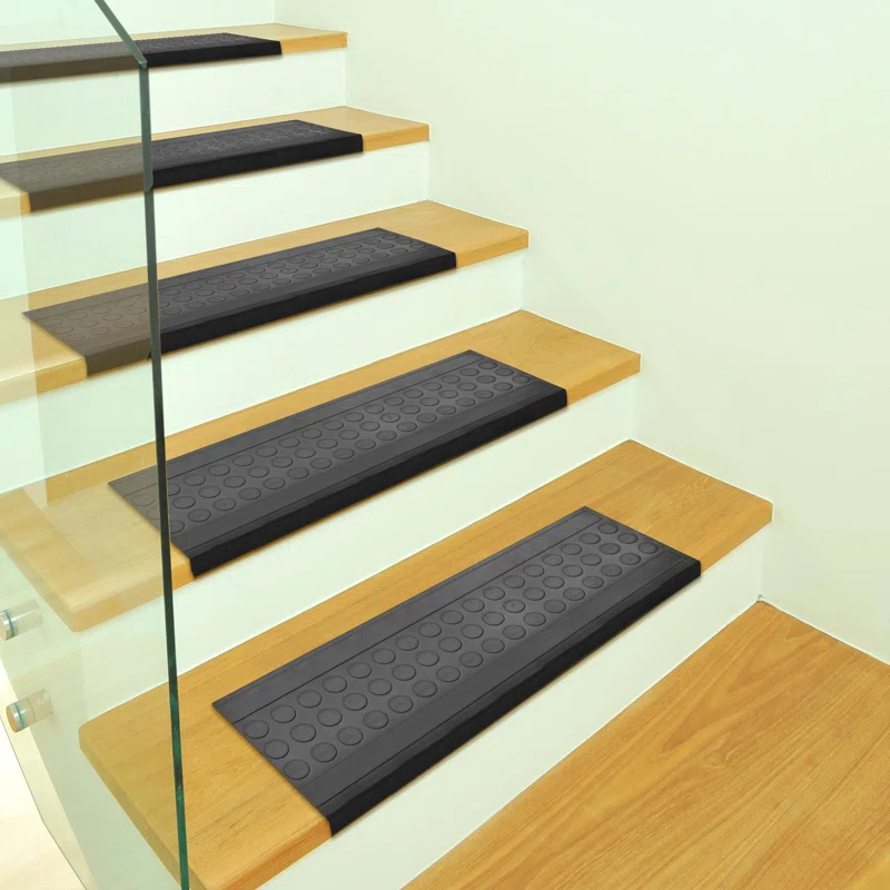 Ottomanson Waterproof, Low Profile Non-Slip Indoor/Outdoor Black Rubber Stair Treads, 10 in. x 25.5 in. & Reviews | Wayfair