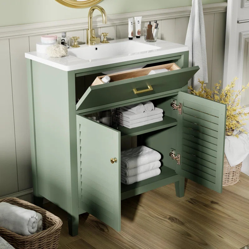 HLILish 30-Inch Bathroom Vanity With Ceramic Sink Combination, Ample Storage - Features 1 Pullout And Multifunctional Shelf Dividers
