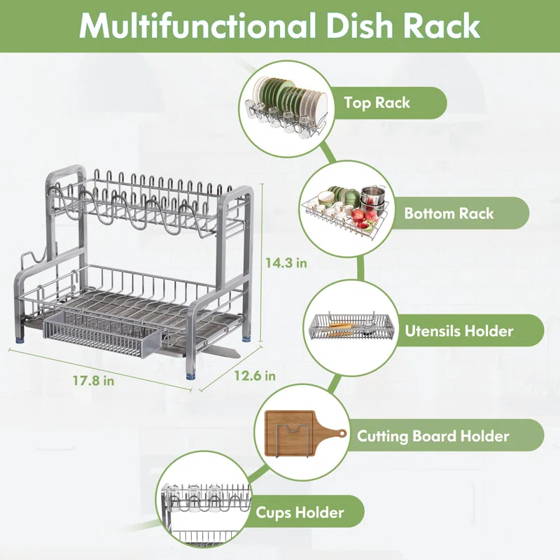 EDGAR'S FURNITURE MANUFACTURING INC Dish Drying Rack And Drainboard Set, 2 Tier Stainless Steel Dish Rack For Kitchen Counter, Large Dish Strainer Organizers With Cups Holder, Utensil Holder