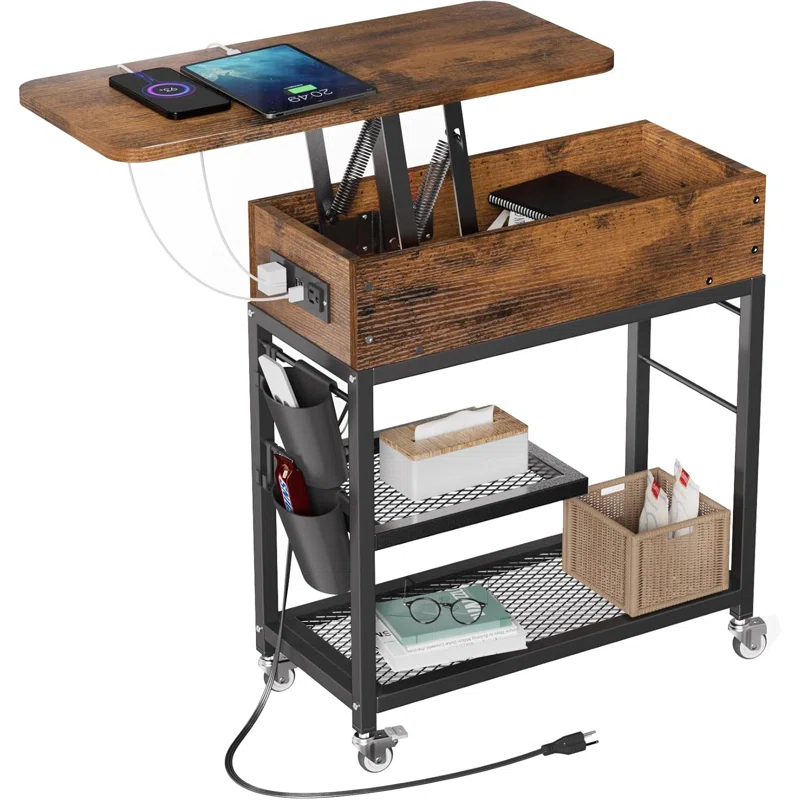 17 Stories Lift-Top End Table With Charging Station, Sofa Side Table, Nightstand With Wheels And USB Ports For Living Room, Bed Room, Study