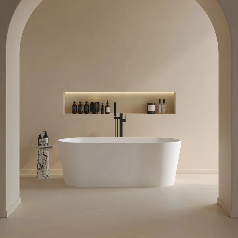 63 x 29.5 Freestanding Bathtub, Oval Shaped Stone Resin Freestanding Tubs, Solid Surface Matte White Soaking Tub with Overflow and Pop-up Drain
