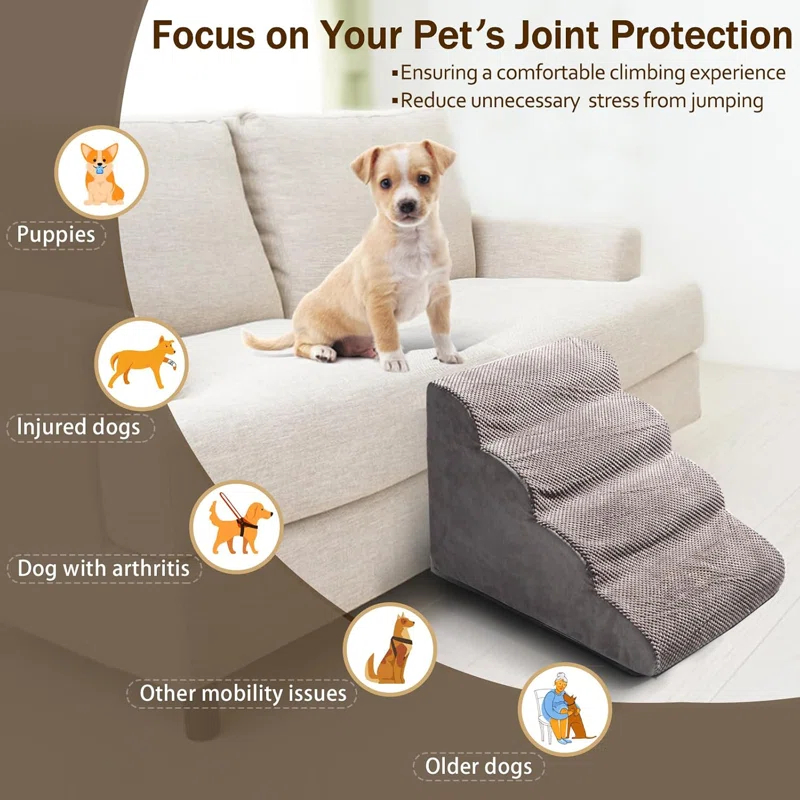 4 Steps Dog Stairs For Small Dogs, 18.5 Inch High, 30D Foam Dog Dtairs And Steps, Curved Steps