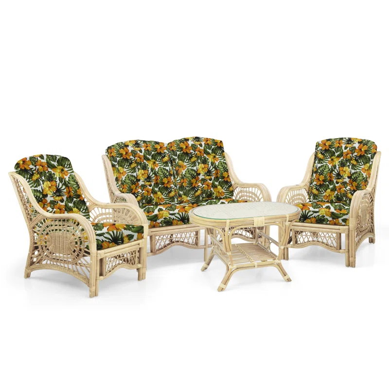 Bay Isle Home™ Malibu Lounge Set Of 4: 2 Natural Rattan Wicker Chairs, Loveseat And Coffee Table W/Glass Handmade, Natural Color