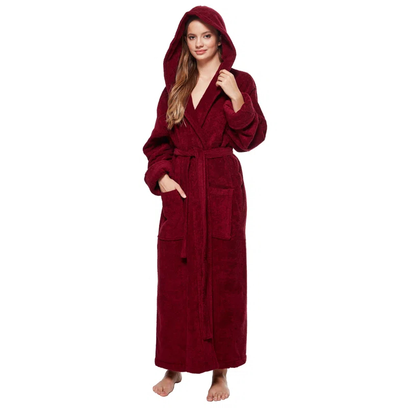 Red Barrel Studio® Hovis Cotton Terry Cloth Ankle Bathrobe with Pockets and Hood