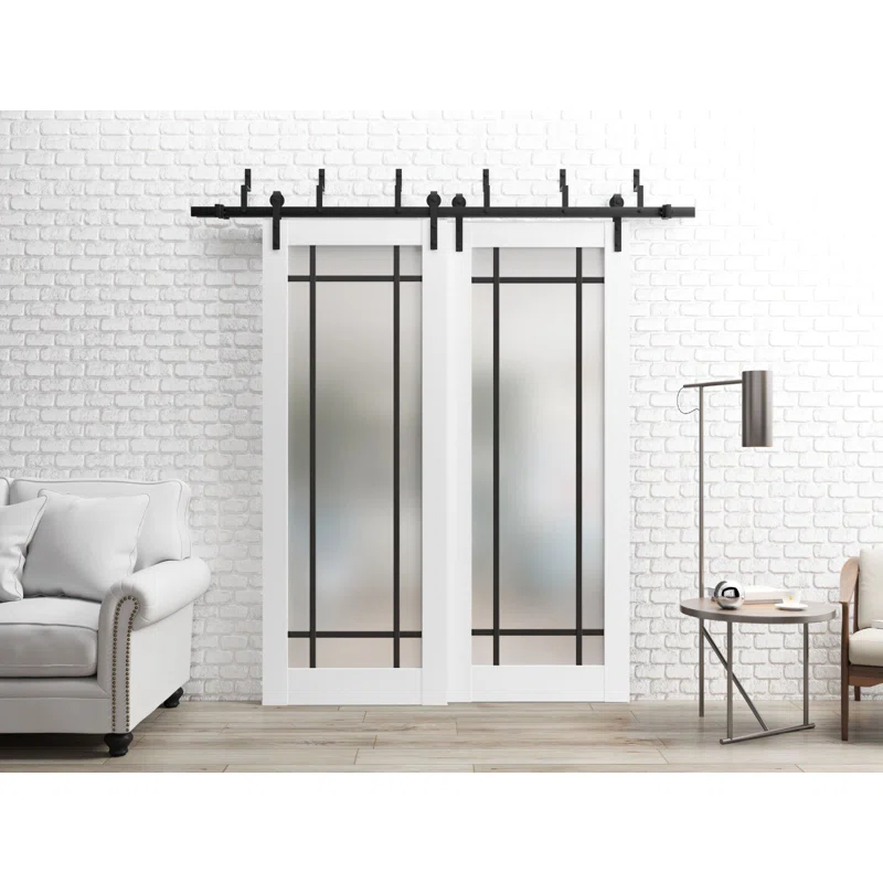 SARTODOORS Sliding Closet Frosted Glass Barn Bypass Doors With Hardware | Planum 2112 | Sturdy 6.6Ft Rails Hardware Set | Modern Wood Solid Bedroom Wardrobe Doors-Frosted Glass