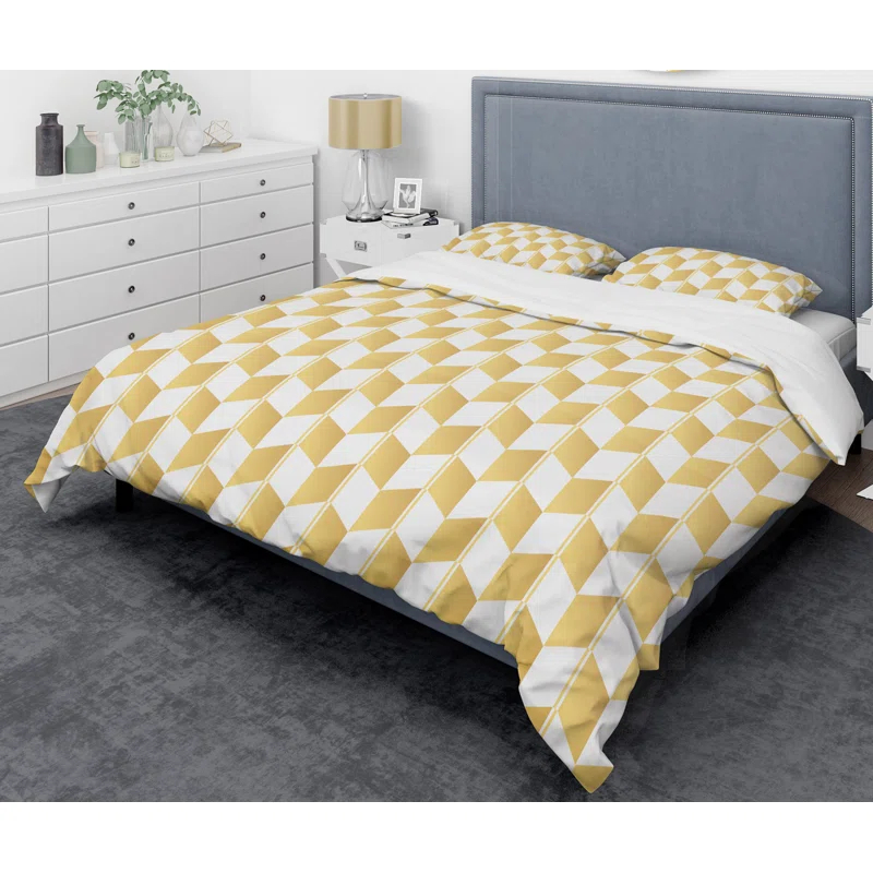 Design Art Gold And White Geometric Pattern I - Glam Abstract Duvet Cover Set - Microfiber Polyester