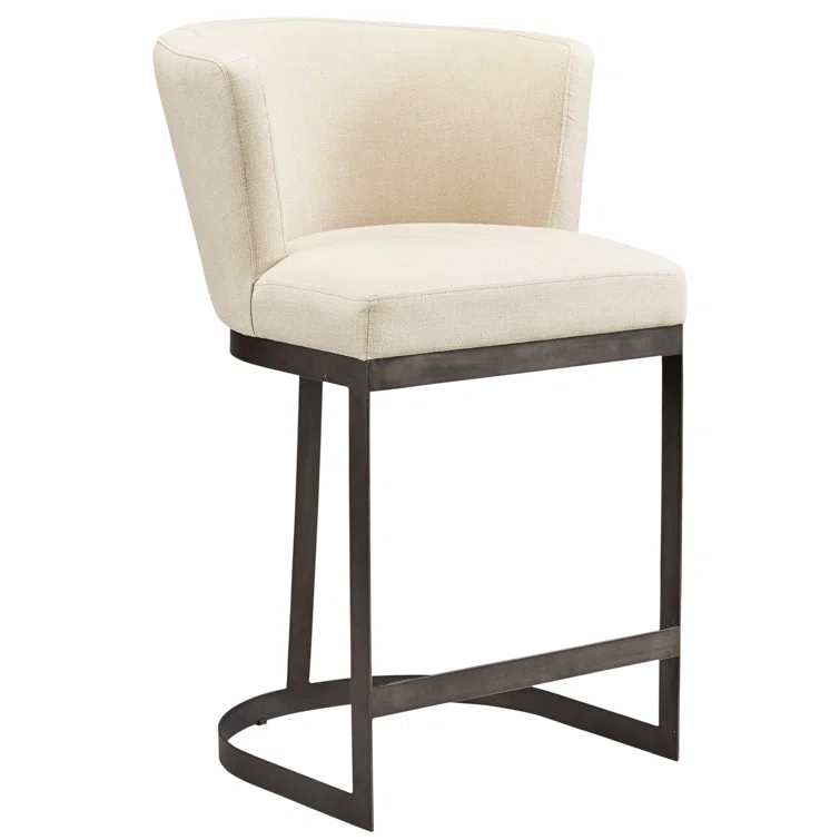 Transitional Beige Linen and Black Metal Counter Stool