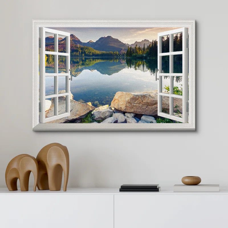 IDEA4WALL Window Scenery Green Peaceful Lake Natural Landscape Photography Pictures Canvas Print Wall Art