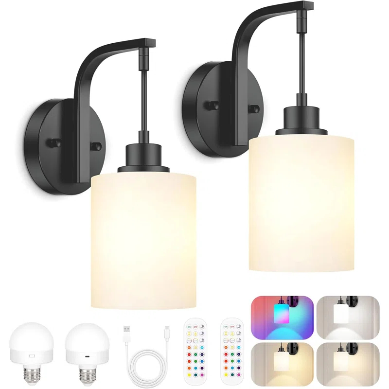 Latitude Run® Battery Operated Wall Sconce Set Of 2, Wireless Rechargeable Wall Lights, Glass Wall Lamps With Remotes And Dimmable RGB LED Bulbs, No Wiring Indoor Sconces Wall Decor For Bedroom Living Room Hallway