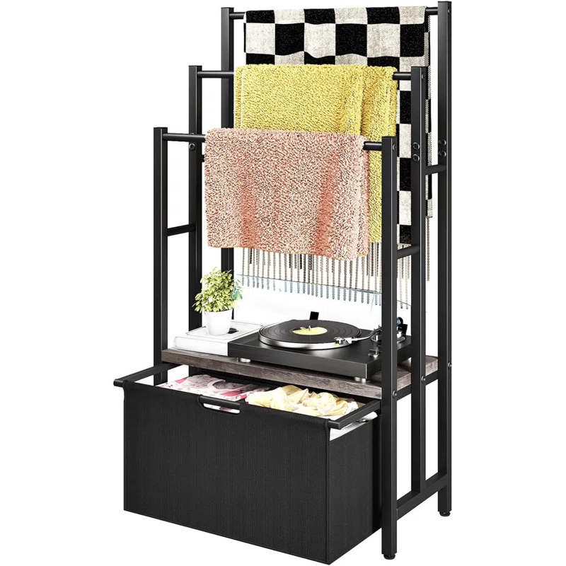 Freestanding Towel Rack With Drawers, SDXYSTCE 3 Tiers Standing Blanket Racks For Bedroom, 23.6" L X 11.8" W X 43.3" H, Blanket Holder With Shelf, Upgrade Steady Design,