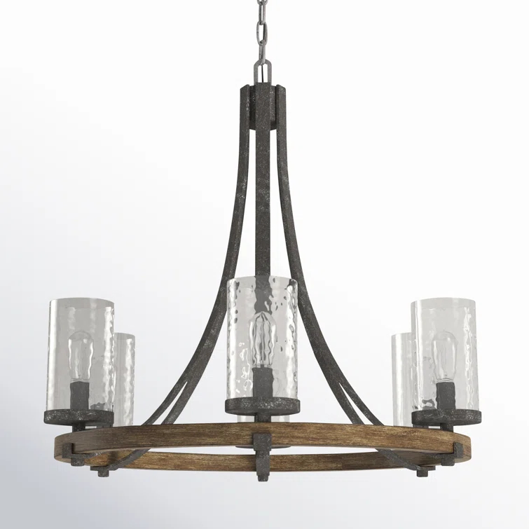 Stepas 6 Light Candle Style Wagon Wheel Chandelier in Wood Accents