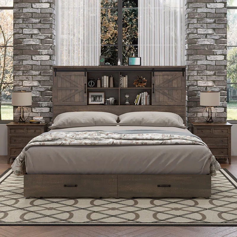 Tryston Sherell Wooden Bookcase Bed Frame