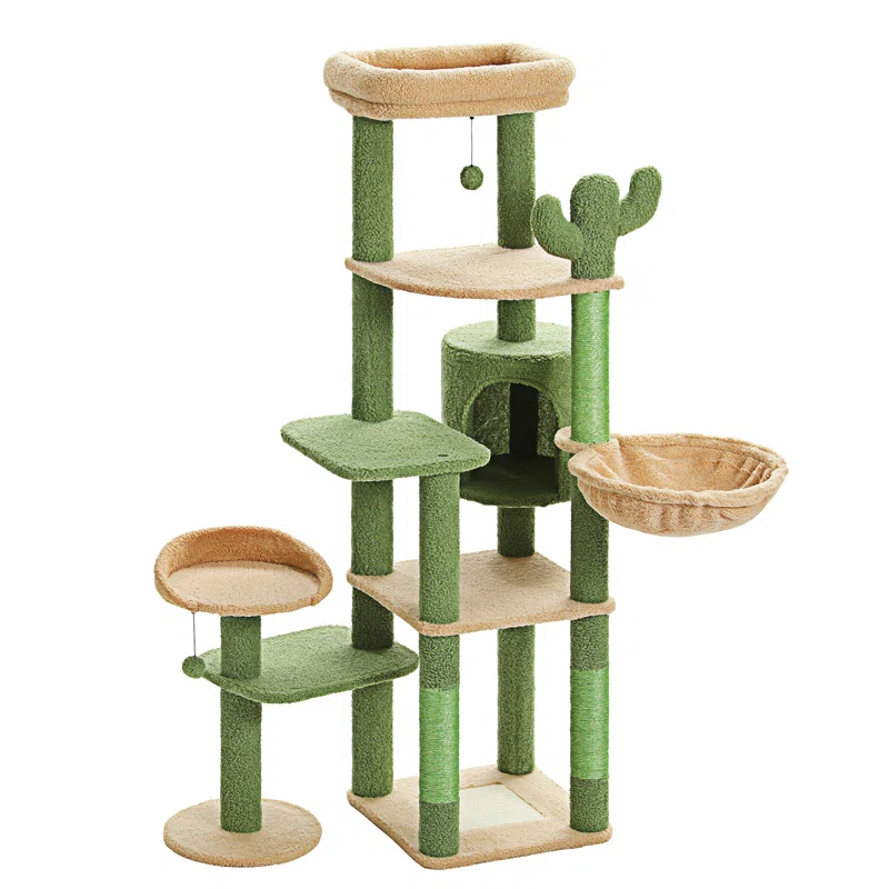 59" Cactus Cat Tree, Large Cat Tree For Indoor Cats, Cat Tower For Large Cats, Multi-Level Cat Tower, Cat Condo With Large Hammock, Scratching Post, And 2 Perches