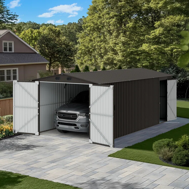 Sunjoy Sunjoy Outdoor Storage Shed 10 x 20 ft. Carport, Patio Metal Utility Large Storage Shed Garage with 2 Doors and 4 Vents, for Car, Truck, Bike, Garbage Can, Tool, Lawnmower