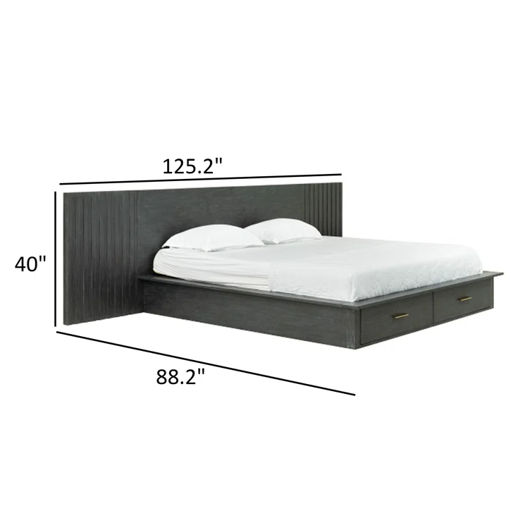 Benjara Cid Queen Platform Bed, 2 Drawers, Wall Headboard