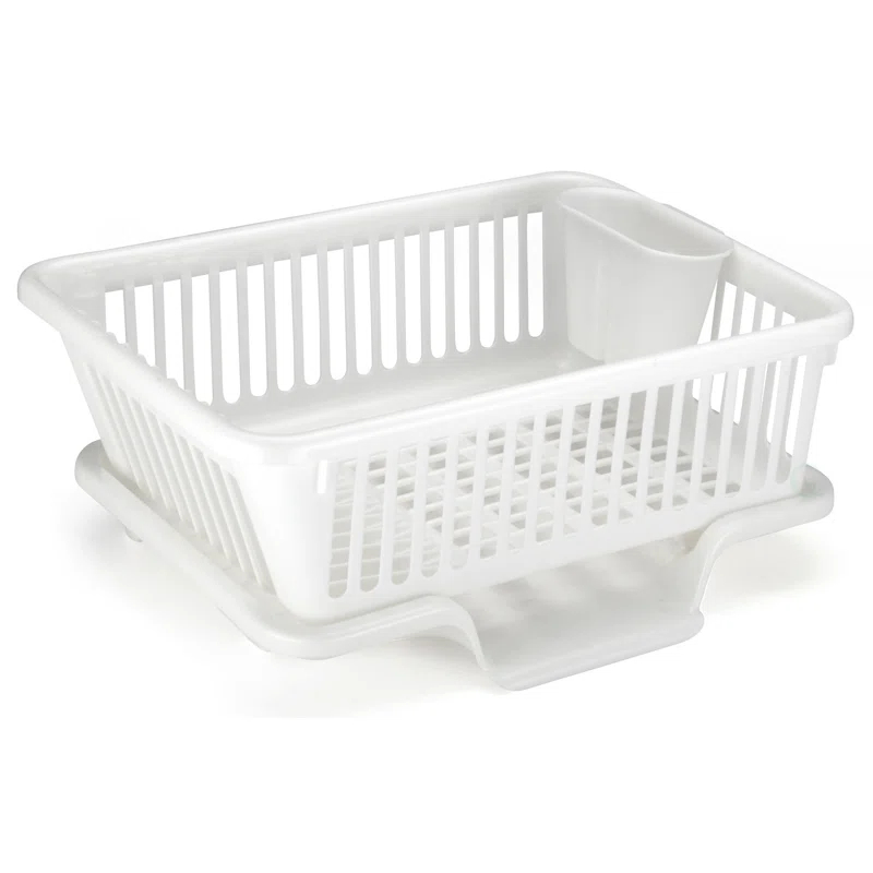 Basicwise Heavy Duty 2-Piece Plastic Dish Drying Rack Set in White - Includes Large Dish Drainer, Attached Drainboard, and Utensil Cup Holders for Home Kitchen Countertop Organization