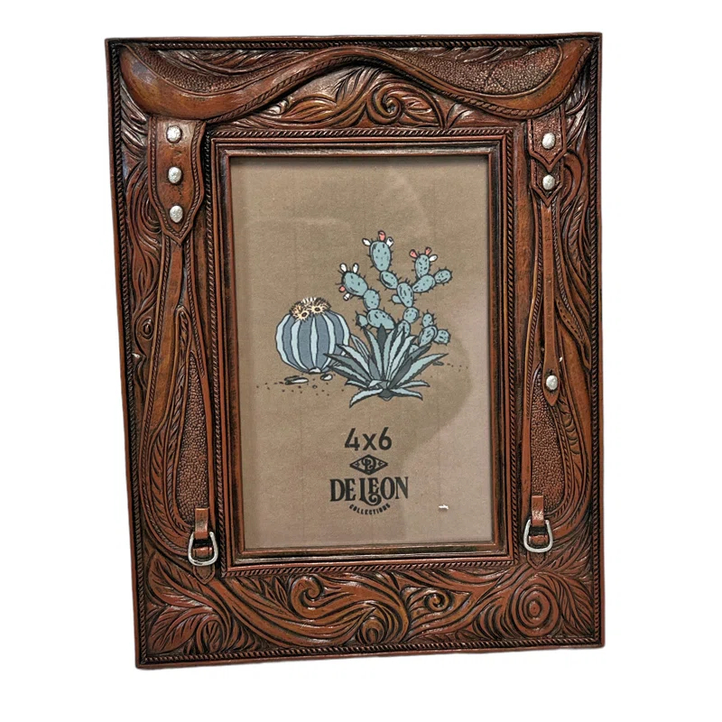 Fleur De Lis Living Polyresin Faux Tooled Leather Western Rustic Horse Saddle 6” x 4” Standing Photo Picture Frame