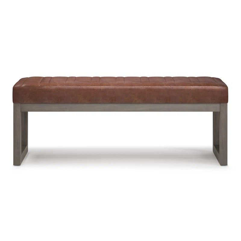 Simpli Home Casey 48"W Distressed Vegan Leather Ottoman Bench with Quilted Vertical Stitching