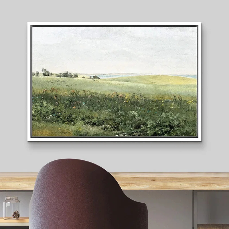 Green Meadow Hillside Wildflowers Field Nature Landscape Wall Art Framed On Canvas Painting Print