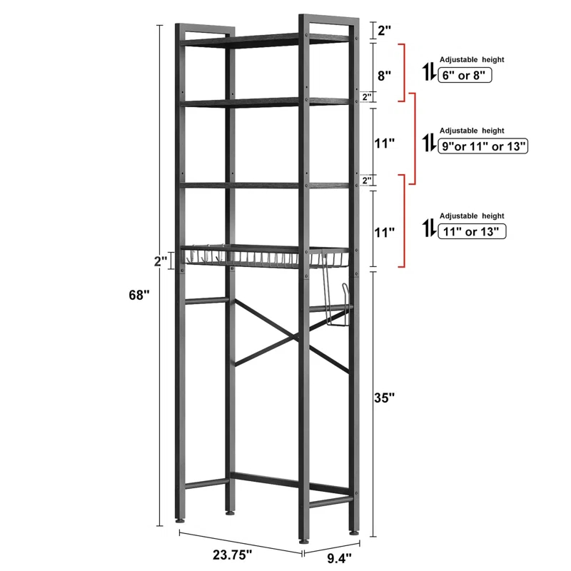 4-Tier Bathroom Organizer Shelf Over Toilet with Adjustable Shelf and Basket