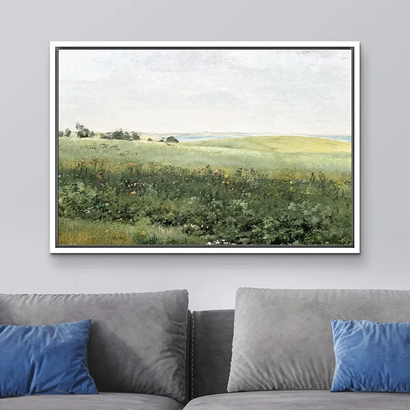 Green Meadow Hillside Wildflowers Field Nature Landscape Wall Art Framed On Canvas Painting Print