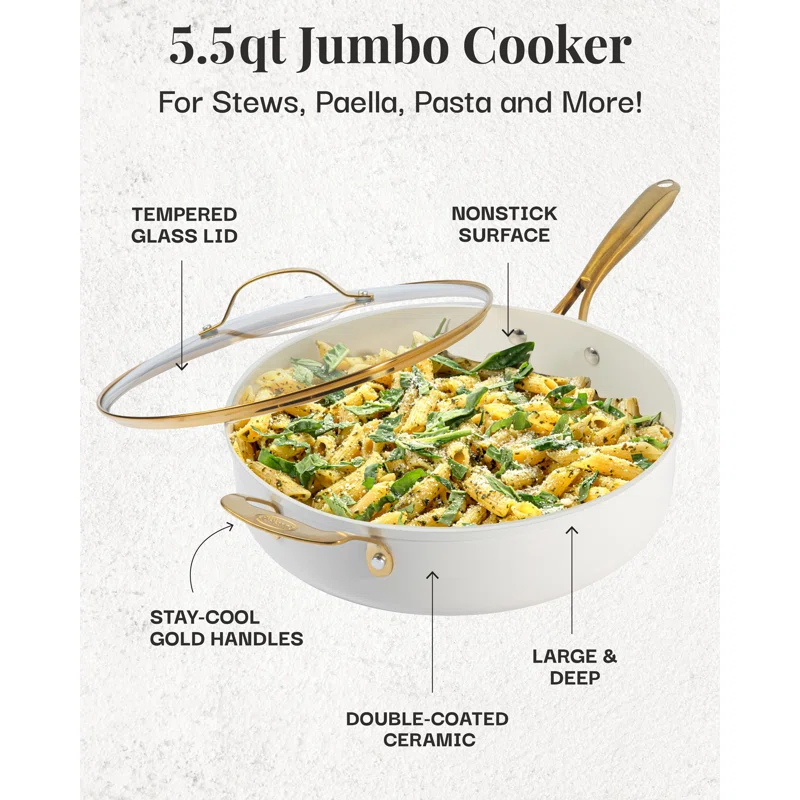 Gotham Steel Gotham Steel Naturals Cream Ultra Nonstick Ceramic 5.5 Qt Jumbo Cooker Pan with Lid