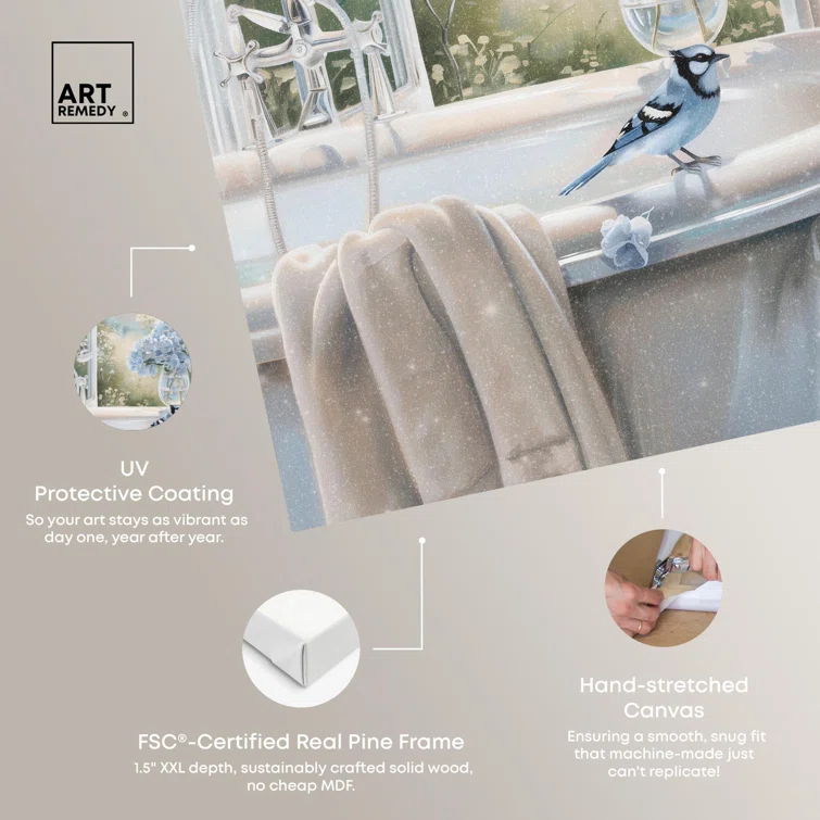 Art Remedy Bluebird Bathroom Canvas Glam Bathroom Art by Art Remedy