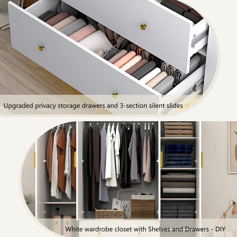 Armoire Wardrobe Closet With Mirror & Led Light, 4 Door Wooden Storage Cabinet With Drawers, Spacious Armoire With Hanging Rod & Adjustable Shelves