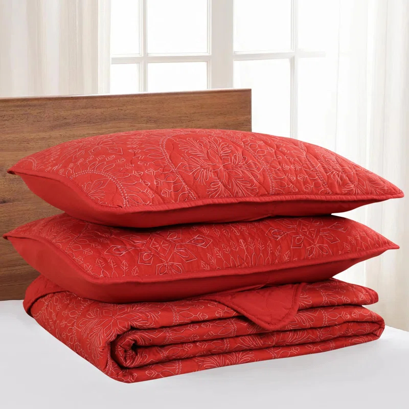 3 Pcs Festive Christmas Quilt Bedspread Set Holiday Bedding Medallion Red