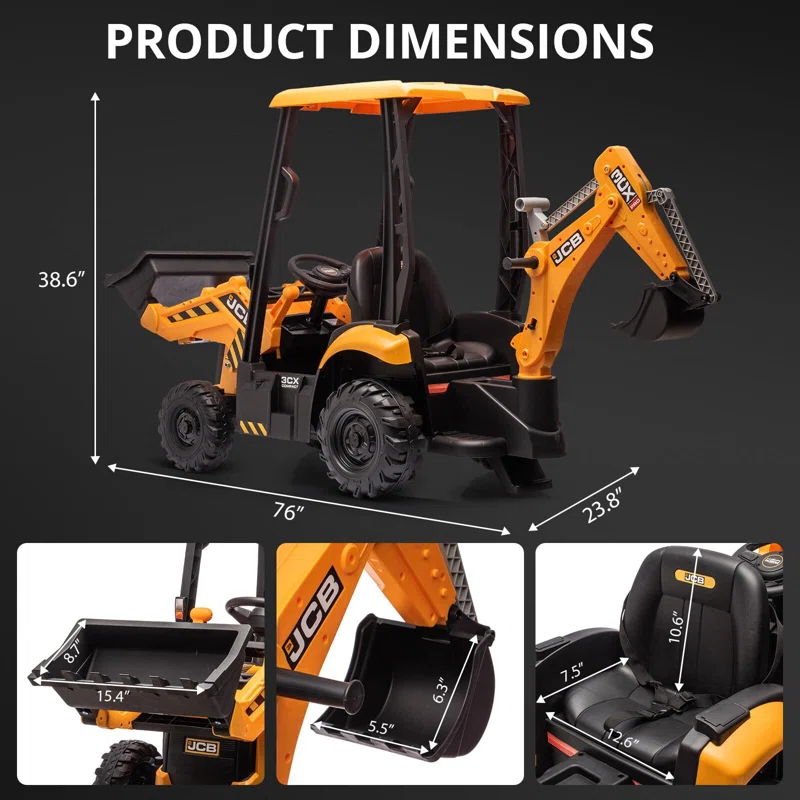 Hetoy 4 In 1 Ride On Excavator, 12V Battery Powered Electric Vehicle For Kids With Remote Control